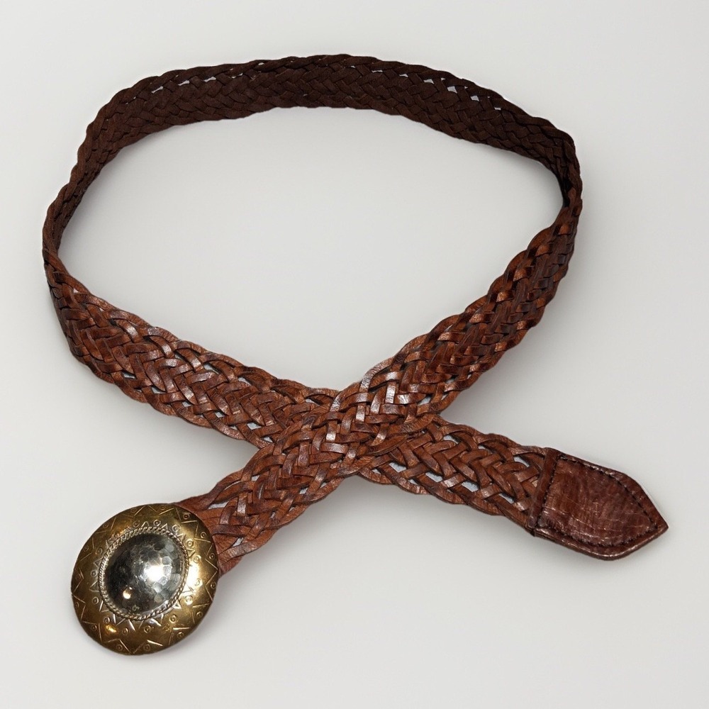 Vintage Morocco Braided Genuine Leather Belt Brown Brass Medallion Buckle 42in